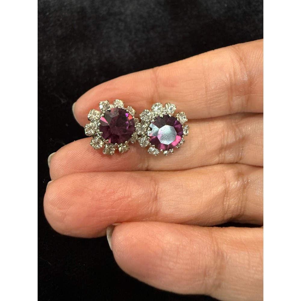 Vintage Purple Rhinestone Halo Stud Earrings Silver Tone Round Sunburst Sparkly